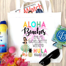 Load image into Gallery viewer, Aloha Beaches Tote bag. Tropical Bachelorette or Birthday weekend Tote Bag. Hawaii Wedding Welcome Favor Bag. Girls Weekend Beach Bag!