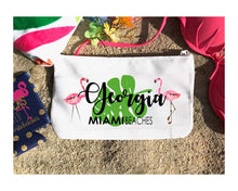 Load image into Gallery viewer, Flamingo Make Up bag. Great Bachelorette or Girls Weekend Favors. Bachelorette Beach Weekend Make up Bag. Cabo, Hawaii, Miami!