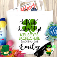 Load image into Gallery viewer, Shamrock Make up bag. Great Bachelorette or Girls Weekend Favors.Cosmetic Bag. Neon Clover Make up bag Party Favors! Wedding Party Gifts!