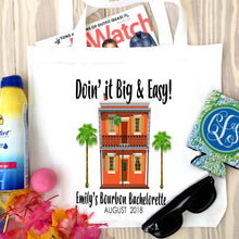 Load image into Gallery viewer, Nola Tote bag. NOLA Party Favors! New Orleans Bachelorette or Girls Weekend Tote Bag. Custom New Orleans Mardi Gras Tote Bag.