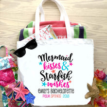 Load image into Gallery viewer, Large Mermaid Kisses Beach Tote bag. Beach Bachelorette or Birthday Tote.Mermaid Party Beach Bag. Miami, Key West Wedding Weekend Beach Bag!