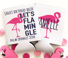 Load image into Gallery viewer, Pink Flamingo Huggers. Birthday or Girls Weekend Coolies. Flamingo Bachelorette Party Favors. Personalized Flamingle Coolies. Flamingo FUN!