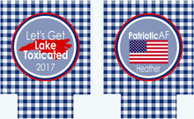 Load image into Gallery viewer, Gingham America Party Huggers. 'Merica Birthday Coolies! Red White and Blue Party Gifts. USA Birthday Favors. Flag Party Huggers.