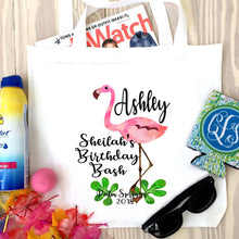 Load image into Gallery viewer, Flamingo Tote bag. Watercolor Flamingo Party Tote! Flamingo Bachelorette or Girls Weekend Tote Bag. Flamingle Party Favor Bag.