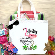 Load image into Gallery viewer, Flamingo Tote bag. Watercolor Flamingo Party Tote! Flamingo Bachelorette or Girls Weekend Tote Bag. Flamingle Party Favor Bag.