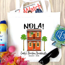 Load image into Gallery viewer, Nola Tote bag. NOLA Party Favors! New Orleans Bachelorette or Girls Weekend Tote Bag. Custom New Orleans Mardi Gras Tote Bag.