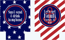 Load image into Gallery viewer, Stars and Stripes Party Huggers. 'Merica Birthday Coolies! Flag Wedding Favors. 'Merica Birthday Favors. Flag Party Huggers.