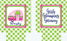 Load image into Gallery viewer, Glamping Gingham Party Huggers. Happy Camper Party Favors. Girls weekend coolies. Camper Girls Trip Favors. Personalized Camping Huggers!