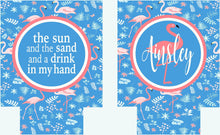 Load image into Gallery viewer, Blue Flamingo Party Huggers. Beach Birthday or Girls Weekend. Slim Flamingle Bachelorette Party Favors. Personalized Beach Flamingo Favors.