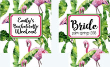 Load image into Gallery viewer, Palm and Flamingo Party Huggers. Tropical Wedding or Bachelorette Party Favors. Girl's Weekend or Flamingle Vacation Beach Favors.