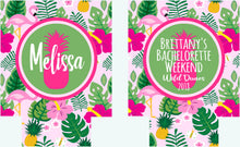 Load image into Gallery viewer, Flamingo Palm and Pineapple Party Huggers. Tropical Wedding or Bachelorette Party Favors. Girl's Weekend Family Vacation Beach Favors.
