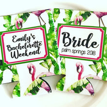 Load image into Gallery viewer, Palm and Flamingo Party Huggers. Tropical Wedding or Bachelorette Party Favors. Girl's Weekend or Flamingle Vacation Beach Favors.