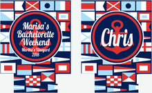 Load image into Gallery viewer, Nautical Signal Flag Huggers. Nautical Wedding Coolies! Personalized Boating Huggers. USA Party favors. Sailing Can coolers.