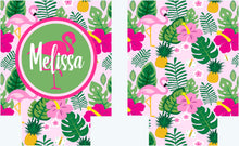 Load image into Gallery viewer, Flamingo Palm and Pineapple Party Huggers. Tropical Wedding or Bachelorette Party Favors. Girl's Weekend Family Vacation Beach Favors.