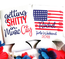 Load image into Gallery viewer, American Flag Beverage Huggers. Monogram Bachelorette Party Favors. Personalized Fourth of July Coolies.