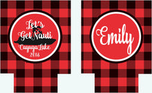 Load image into Gallery viewer, Lake Vacation Huggers. Personalized Nautical Buffalo Plaid Coolies. Lake House Coolies. Lake or River party Favors