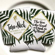 Load image into Gallery viewer, Palm Leaves Party Huggers. Tropical Wedding or Bachelorette Party Favors. Girl's Beach Weekend Favors. Family Vacation Beach Favors.