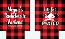 Load image into Gallery viewer, Plaid Get Toasted Party Huggers. Plaid Bachelorette or Birthday Party Favors too! Plaid Camping Party Huggers. Flannel & Fizz
