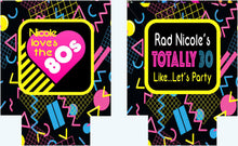 Load image into Gallery viewer, 80's Theme Slim Can Party Huggers. Neon 80's Birthday or Bachelorette Huggers. Retro Birthday Coolies. 80's Prom Party favors!
