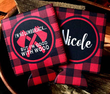 Load image into Gallery viewer, Buffalo Plaid Party Huggers. Personalized Lumberjack party Favors. Plaid Bachelorette or Birthday party Favors. Axe throwing! Flannel Party.