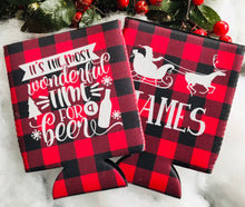 Load image into Gallery viewer, Plaid Christmas Party Huggers. Time for a Beer Christmas Family Party Favors. Christmas Bachelorette Favors. Christmas Wedding Shower!