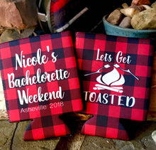 Load image into Gallery viewer, Plaid Get Toasted Party Huggers. Plaid Bachelorette or Birthday Party Favors too! Plaid Camping Party Huggers. Flannel & Fizz