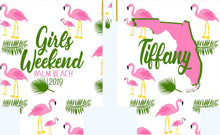 Load image into Gallery viewer, Flamingo Palm Party Huggers. Tropical Wedding or Bachelorette Party Favors. Girl's Weekend or Family Vacation Beach Favors. Wedding Slim Can
