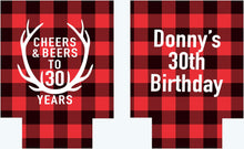 Load image into Gallery viewer, Buffalo Plaid Antler Party Huggers. Plaid Bachelorette Party Favors! Family Vacation Flannel Party Huggers. Lumberjack Party! Flannel Fling!