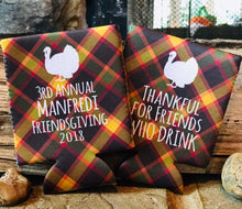 Load image into Gallery viewer, Friendsgiving Plaid Party Huggers. Thanksgiving Party Favors. Slim Friendsgiving Party Favors. Slim Can Thanksgiving Wedding Shower!