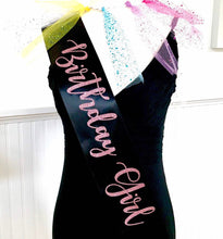 Load image into Gallery viewer, Birthday Girl Glitter Vinyl Sash. Double faced Satin. The Birthday Girl will love her Satin sash with Rose Gold, Gold or Silver writing !