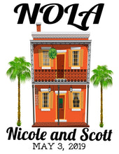 Load image into Gallery viewer, Nola Tote bag. NOLA Party Favors! New Orleans Bachelorette or Girls Weekend Tote Bag. Custom New Orleans Mardi Gras Tote Bag.