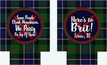 Load image into Gallery viewer, Blackwatch Plaid Party Huggers. Personalized Family Ski Vacation Coolies. Bachelorette or Bachelor Plaid Party coolers. Plaid party favors
