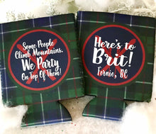 Load image into Gallery viewer, Blackwatch Plaid Party Huggers. Personalized Family Ski Vacation Coolies. Bachelorette or Bachelor Plaid Party coolers. Plaid party favors