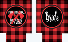 Load image into Gallery viewer, Buffalo Plaid Party Huggers. Personalized Lumberjack party Favors. Plaid Bachelorette or Birthday party Favors. Axe throwing! Flannel Party.