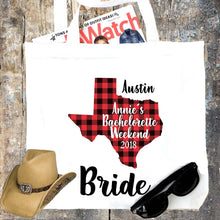Load image into Gallery viewer, Texas Party Tote bag. Texas Bachelorette or Girls Weekend Totes! Dallas, Austin, Houston Girl's weekend Party Favor Bag.Plaid State tote!