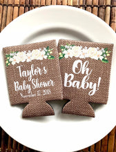 Load image into Gallery viewer, Flower Burlap Party Huggers. Bachelorette or Birthday Coolies. Burlap Flower Huggers. Floral Wedding Shower Huggers!