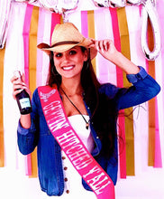 Load image into Gallery viewer, Cowboy Boot 4" double Satin Sash. Bachelorette or Birthday Sash. Getting Hitched Austin or Nashville Party Premium Satin Sash.