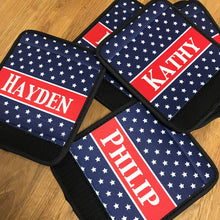 Load image into Gallery viewer, USA Neoprene luggage finder. Personalized red white and blue suitcase identifier! Great Groomsman gifts!