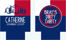 Load image into Gallery viewer, Ski Trip Huggers. Personalized Mountain Family Vacation Coolies. USA Bachelorette Ski coolers. Bachelor Party Ski Weekend favors. USA Party!