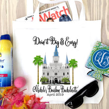 Load image into Gallery viewer, Nola Tote bag. NOLA Party Favors! New Orleans Bachelorette or Girls Weekend Tote Bag. Custom New Orleans Mardi Gras Tote Bag.
