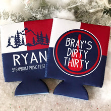 Load image into Gallery viewer, Ski Trip Huggers. Personalized Mountain Family Vacation Coolies. USA Bachelorette Ski coolers. Bachelor Party Ski Weekend favors. USA Party!