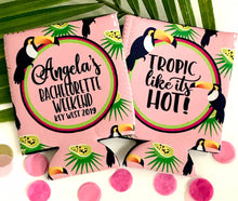 Load image into Gallery viewer, Toucan Beverage Huggers. Toucan Tropical Party Favors. Custom Toucan Birthday or Bachelorette Party Favors. Tropical Toucan Party Favors!