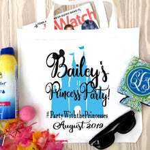 Load image into Gallery viewer, Princess Party Tote bag. Princess Party Favors! Orlando Bachelorette or Girls Weekend Tote Bag. Custom Princess Birthday Party Tote Bag.