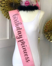 Load image into Gallery viewer, Glitter birthday princess 4" Satin Sash with glitter vinyl writing. The Birthday Girl will love her sash with Rose Gold, Gold or Silver!