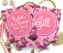 Load image into Gallery viewer, Pink Flamingo Huggers. Birthday or Girls Weekend Coolies. Monogram Bachelorette or Birthday Party Favors. Flamingle Party Favors!