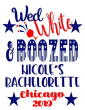 Load image into Gallery viewer, Red White and Blue Tote bag. USA Bachelorette or Girls Weekend Tote Bag. Custom America Wedding Welcome Bag. Girls Weekend Beach Bag!