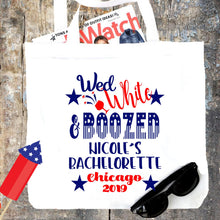 Load image into Gallery viewer, Star Spangled Tote bag. USA Bachelorette or Girls Weekend Tote Bag. Custom America Wedding Welcome Bag. Girls Weekend Beach Bag!