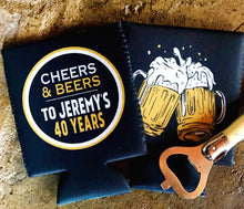 Load image into Gallery viewer, Beers and Cheers Party huggers. 21 30 40 50 Beer Birthday Favors! Bachelor Party Gifts. Cheers and Beers Party favors. Birthday Party favors