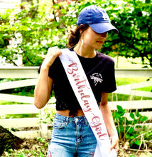 Load image into Gallery viewer, Birthday Girl Glitter Vinyl Sash. Double faced Satin. The Birthday Girl will love her Satin sash with Rose Gold, Gold or Silver writing !