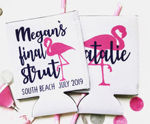 Load image into Gallery viewer, Pink Flamingo Huggers. Birthday or Girls Weekend Coolies. Flamingo Bachelorette Party Favors. Personalized Flamingle Coolies. Flamingo FUN!